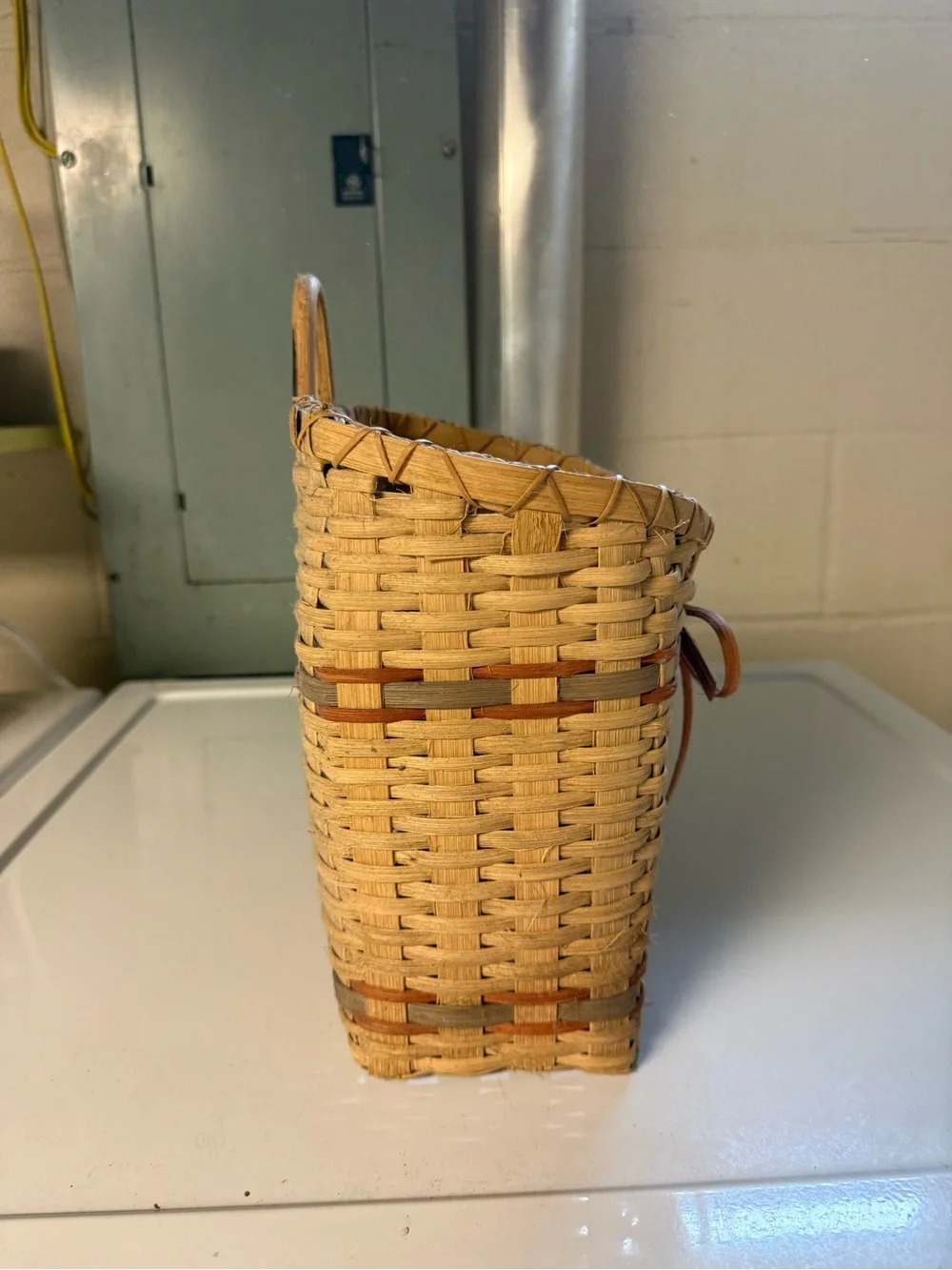 Vtg Hand Woven Basket with Rust Bow & Blue Accents Signed 1989 Rustic Country
